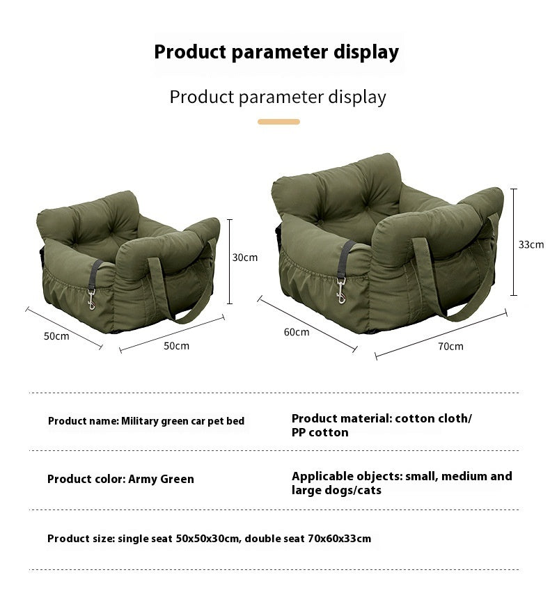 Kodi & Co. army green dog car booster seat with cushioned cotton walls and secure straps for small and large pets