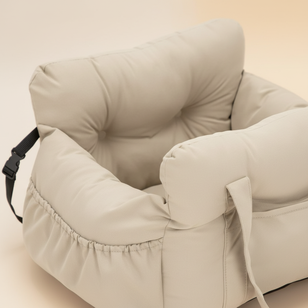 Kodi & Co. beige cushioned dog car booster seat with soft padded walls and adjustable safety straps