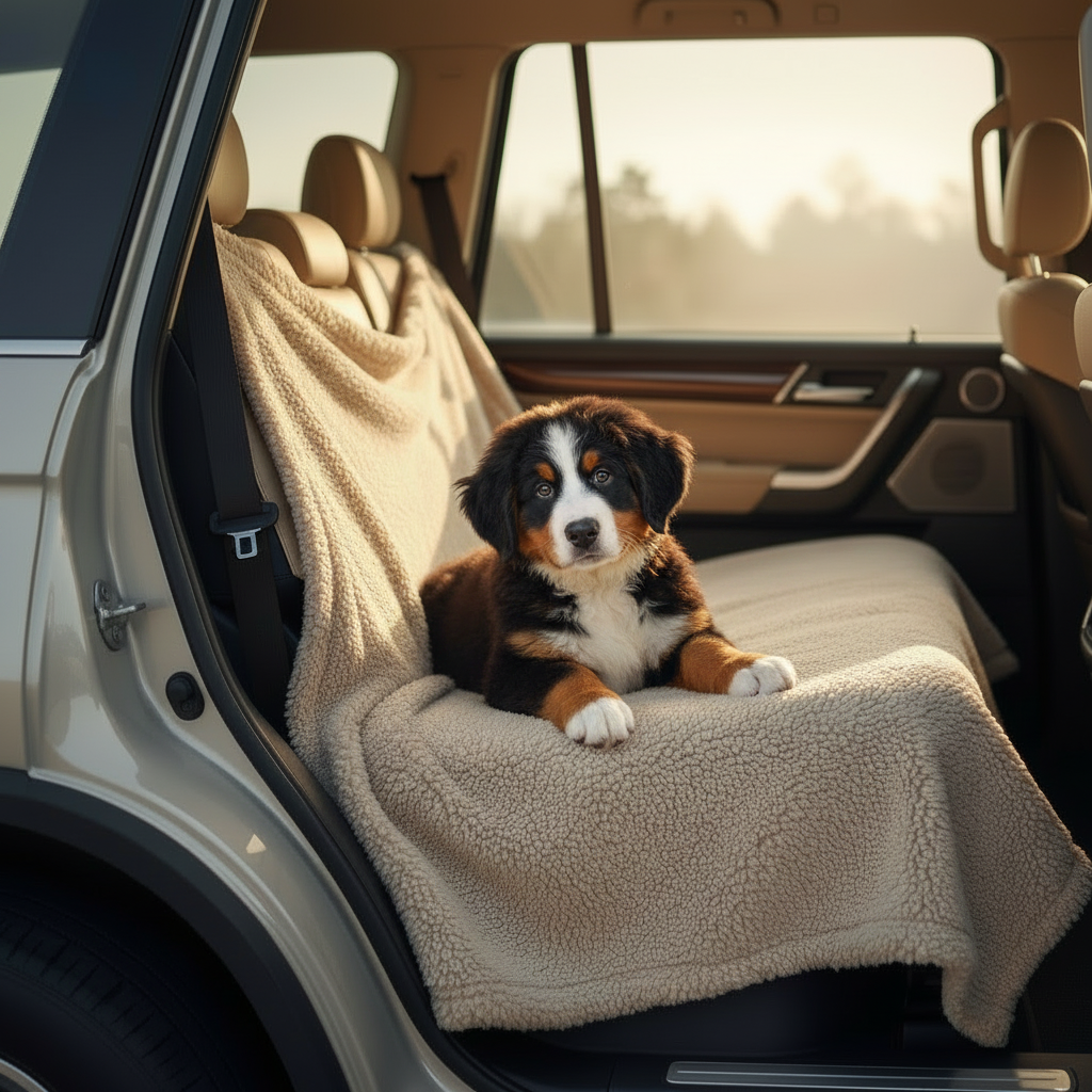 Kodi & Co. beige plush pet blanket draped over a car backseat with a Bernese Mountain Dog puppy resting on top