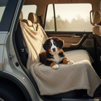 Kodi & Co. beige plush pet blanket draped over a car backseat with a Bernese Mountain Dog puppy resting on top