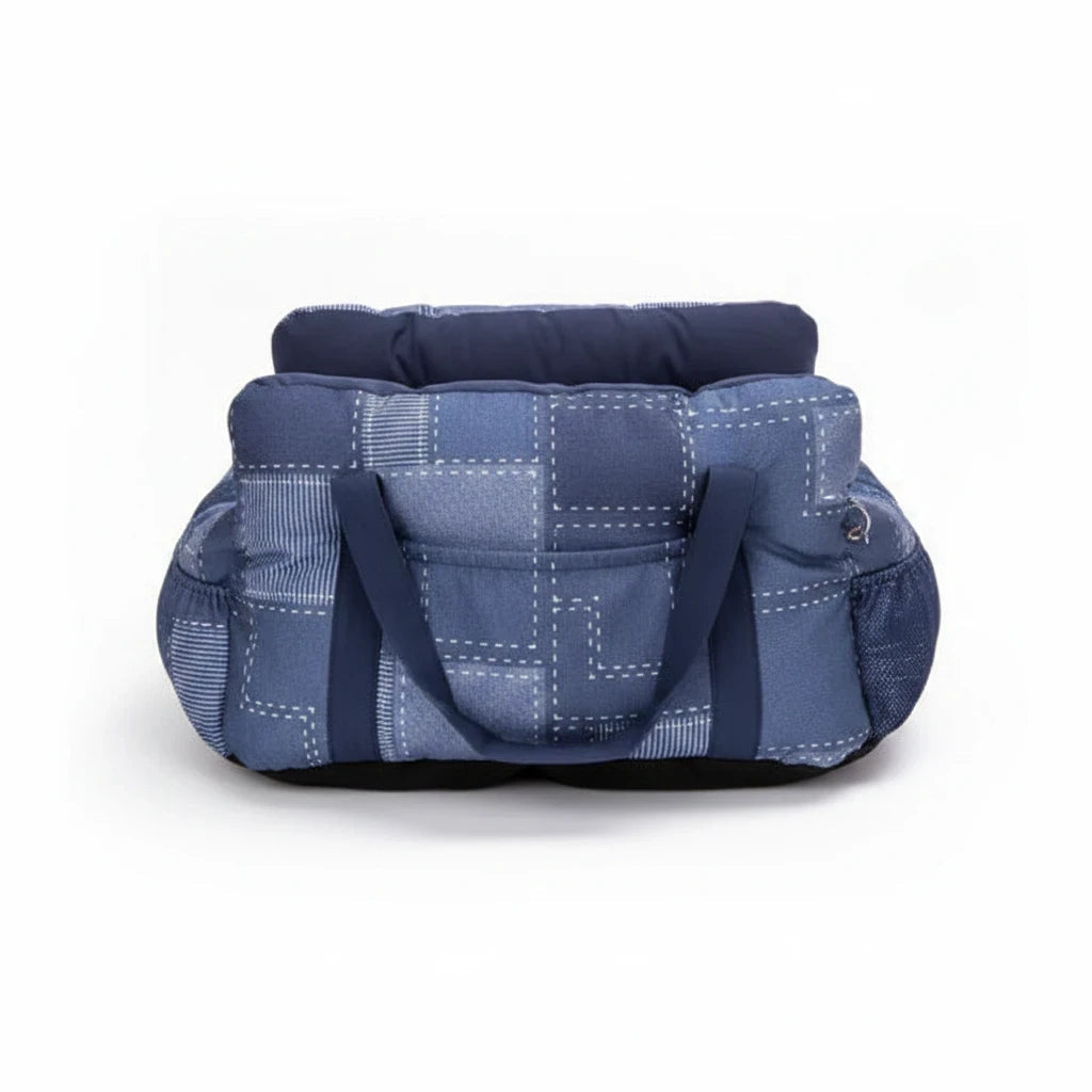 Kodi & Co. blue patchwork dog car booster seat with cushioned walls and carry handles for small and large dogs