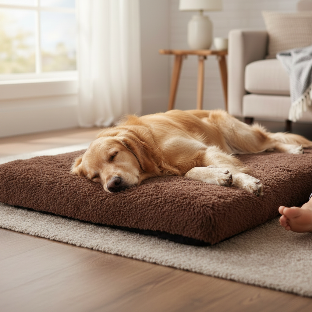 Kodi & Co. brown plush memory foam dog bed with a golden retriever sleeping comfortably in a cozy living room