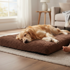 Kodi & Co. brown plush memory foam dog bed with a golden retriever sleeping comfortably in a cozy living room