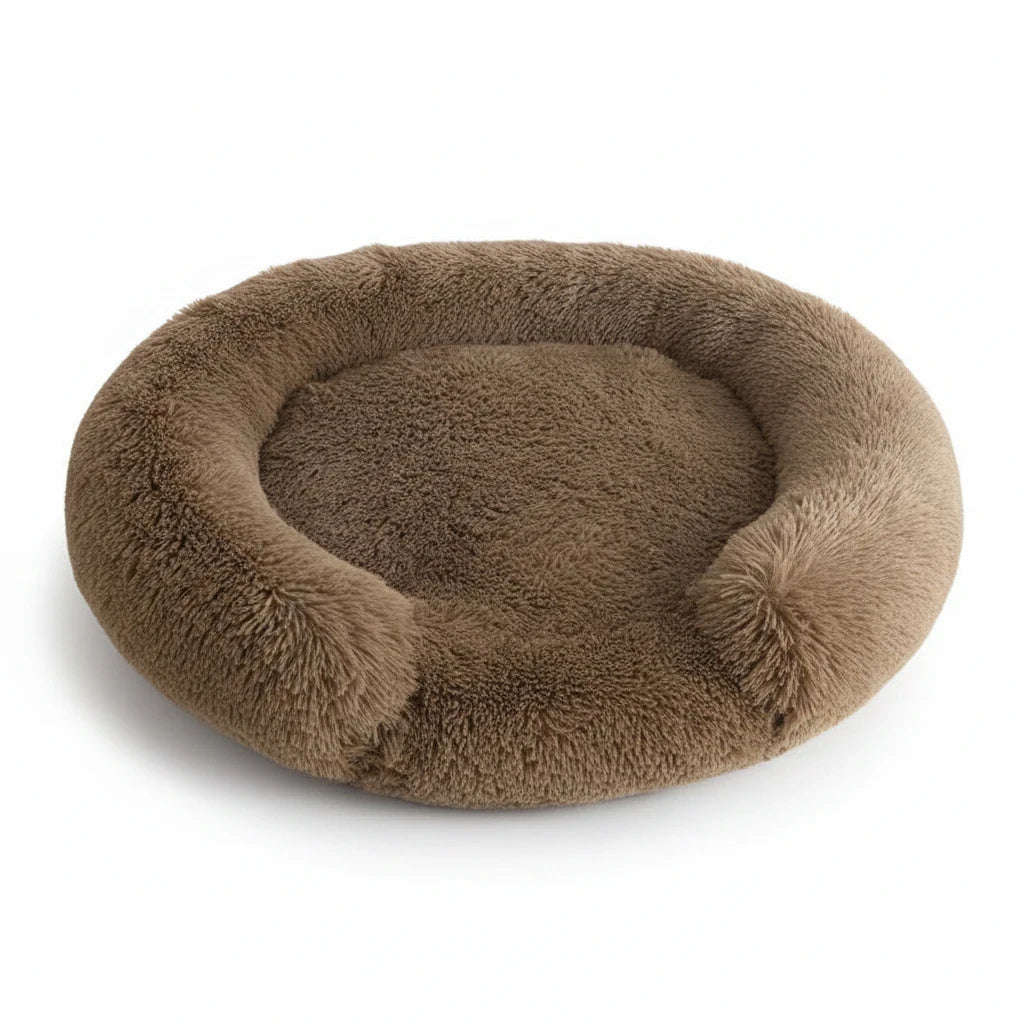 Kodi & Co. Kodi Plush Bed in brown, a round, ultra-soft, and cosy nest-style dog bed with raised cushioned walls.
