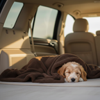 A puppy sleeping under a brown Kodi & Co. plush blanket in the back of a car.