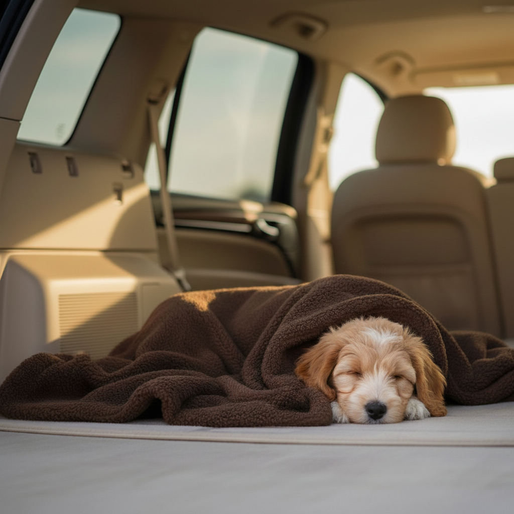 A puppy sleeping under a brown Kodi & Co. plush blanket in the back of a car.