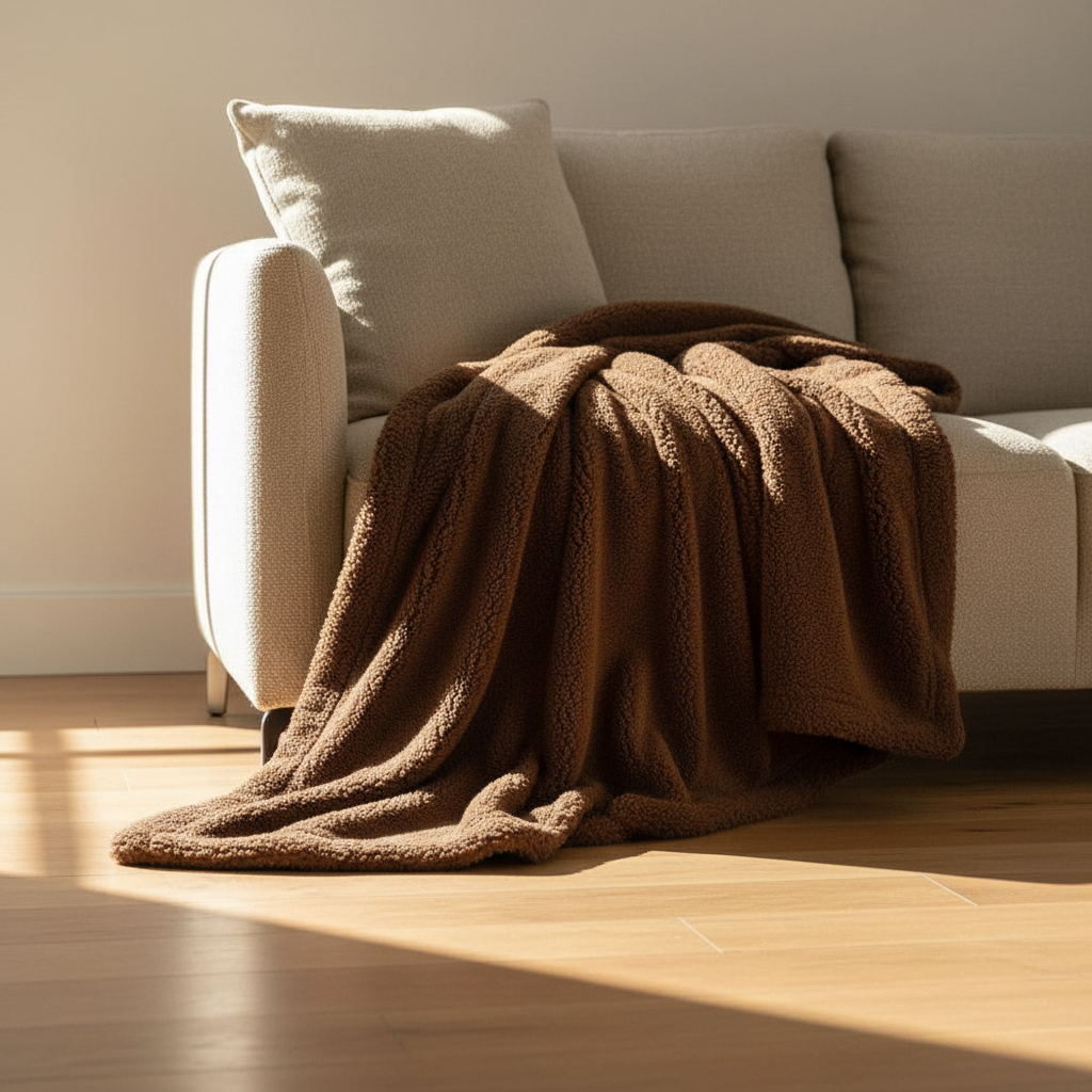 Kodi & Co. brown plush pet blanket draped over a beige sofa in a sunlit living room