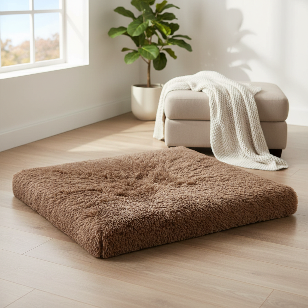 Kodi & Co. brown plush square pet bed with memory foam for deep sleep on a wooden floor in a bright living room