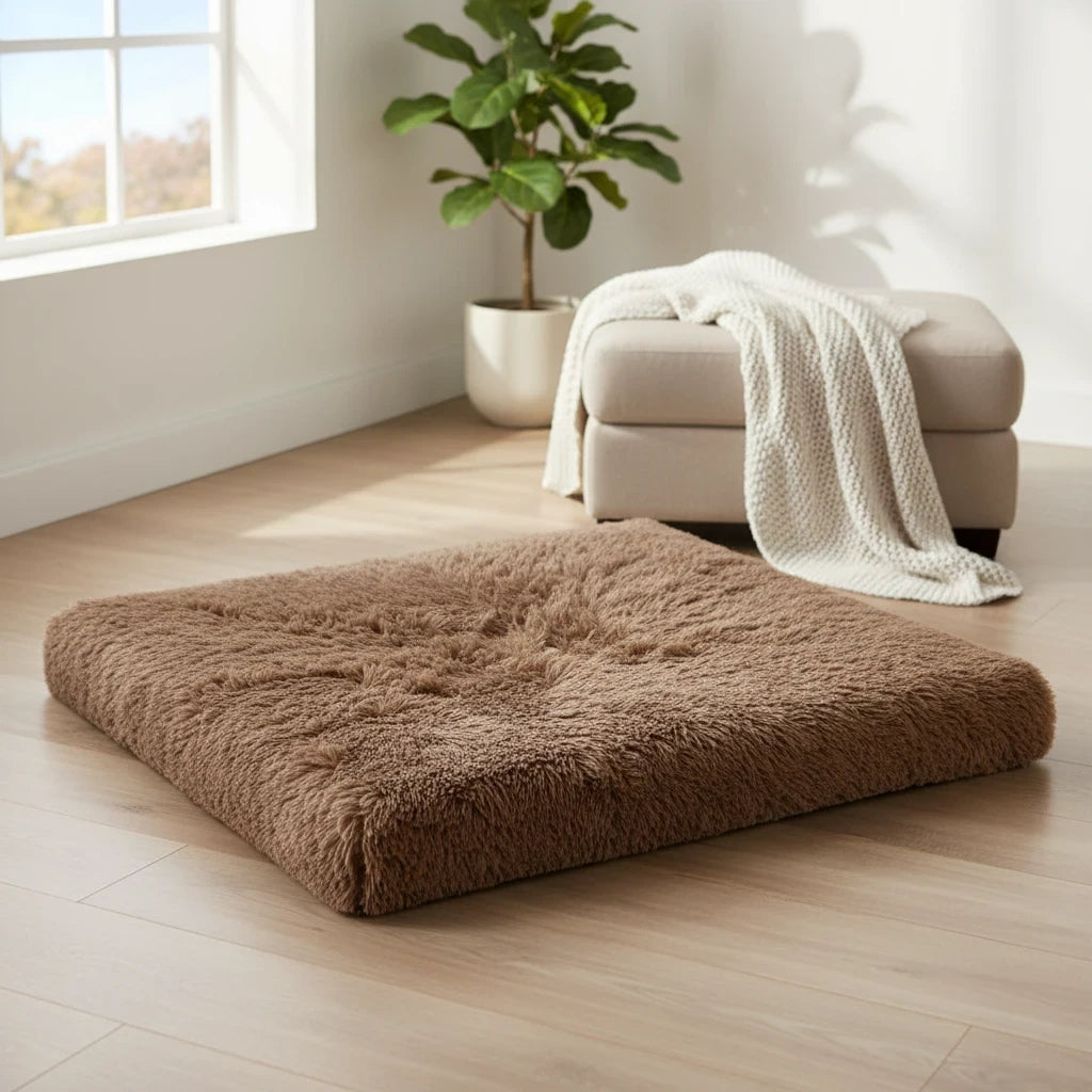 Kodi & Co. brown plush square pet bed with soft memory foam for comfortable dog sleep in a bright living room