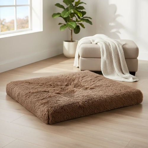 Kodi & Co. brown plush square pet bed with soft memory foam for comfortable dog sleep in a bright living room
