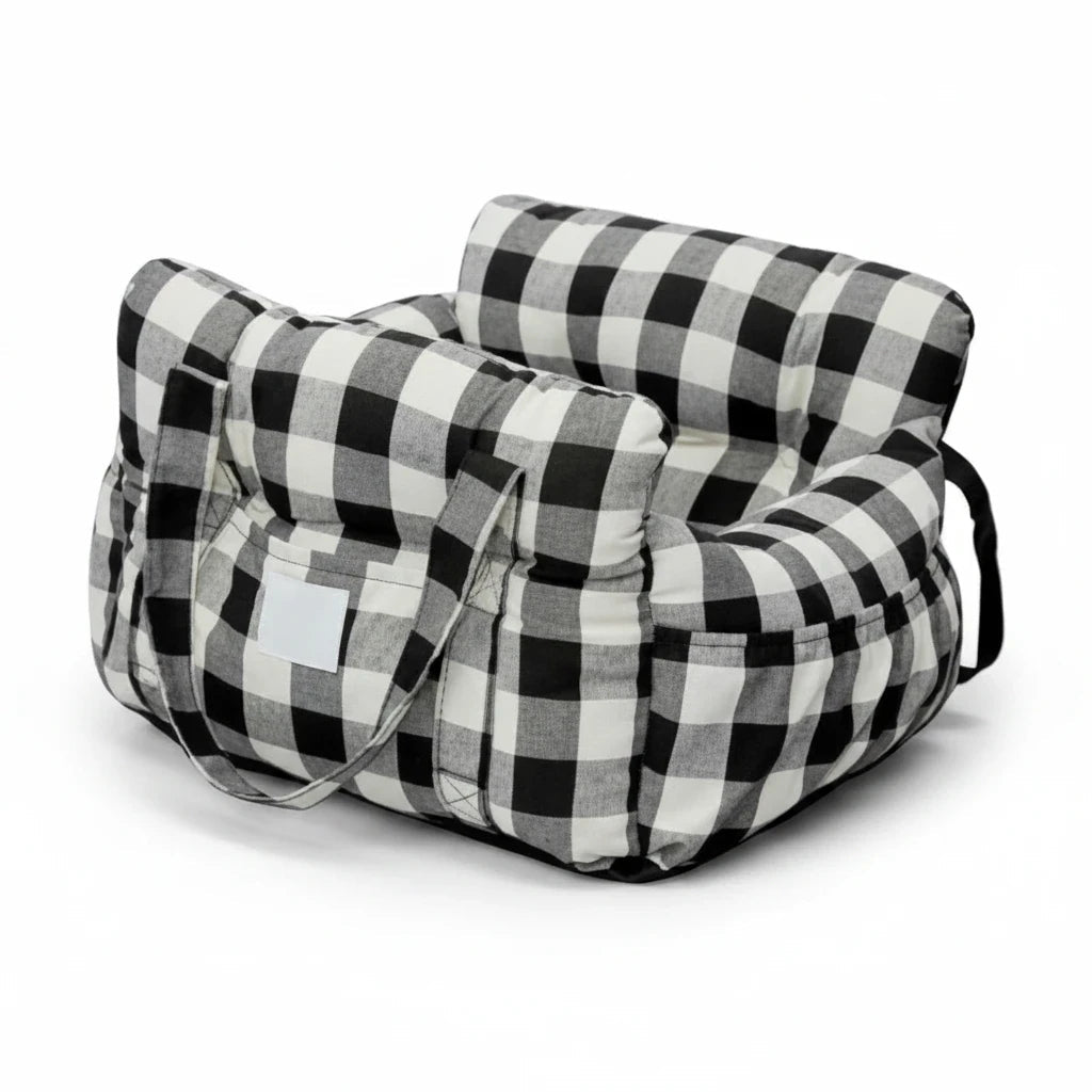 Kodi & Co. black and white gingham check dog car booster seat with cushioned walls for secure pet travel