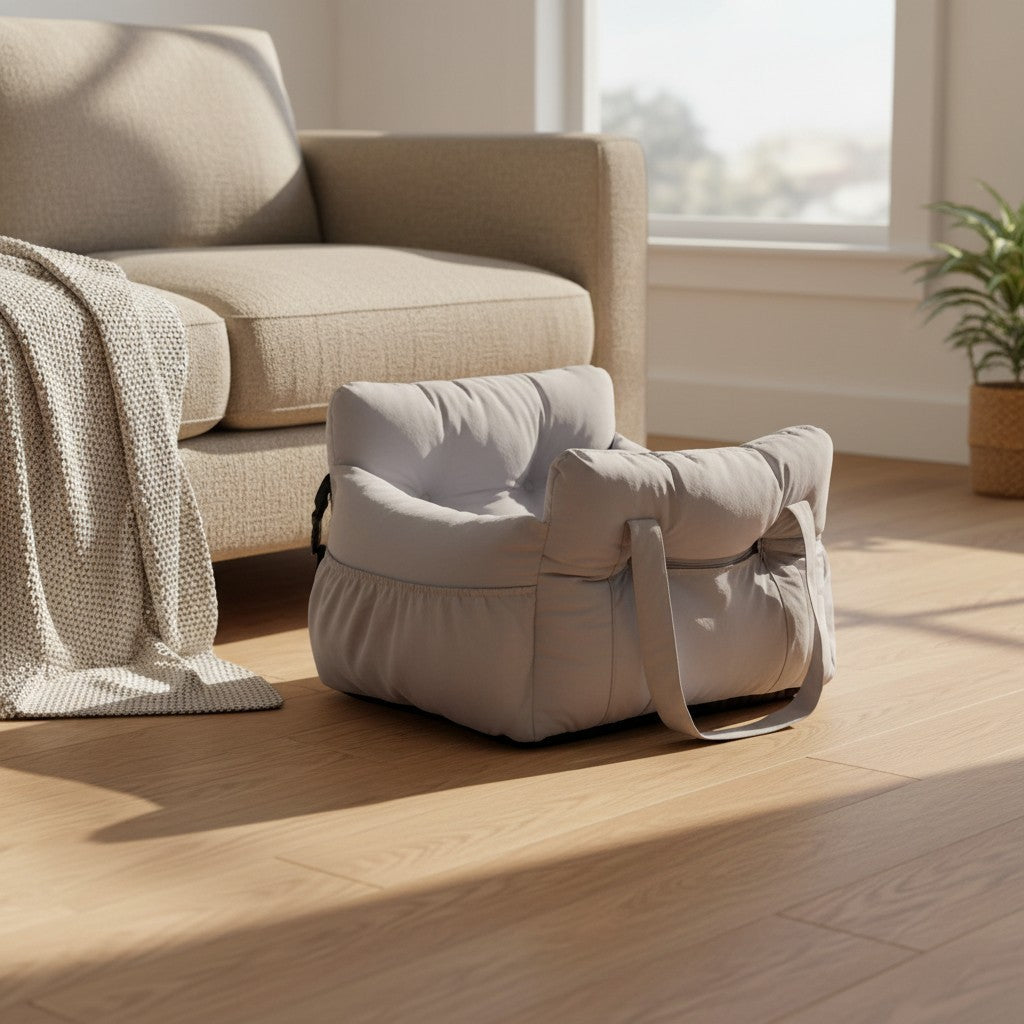 Kodi & Co. Kodi Comfort Chair, a soft grey cushioned dog booster seat for cars placed on a wooden floor.