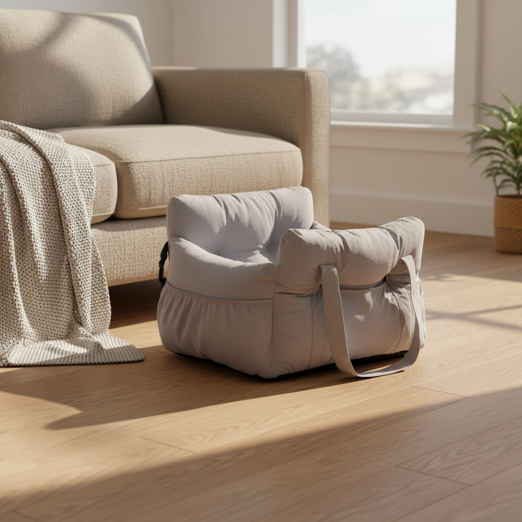 Kodi & Co. Kodi Comfort Chair, a soft grey cushioned dog booster seat for cars, placed on a wooden floor.
