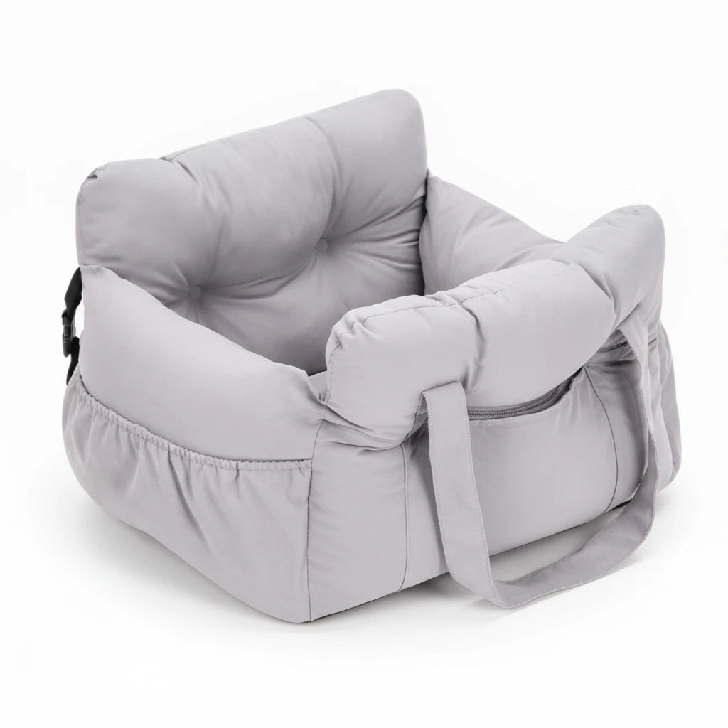 Kodi & Co. grey cushioned dog car booster seat with soft tufted interior and side storage pockets