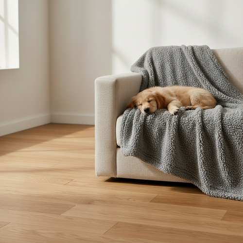 A golden retriever puppy sleeping on a grey Kodi & Co. plush blanket draped over a beige sofa in a sunlit room.