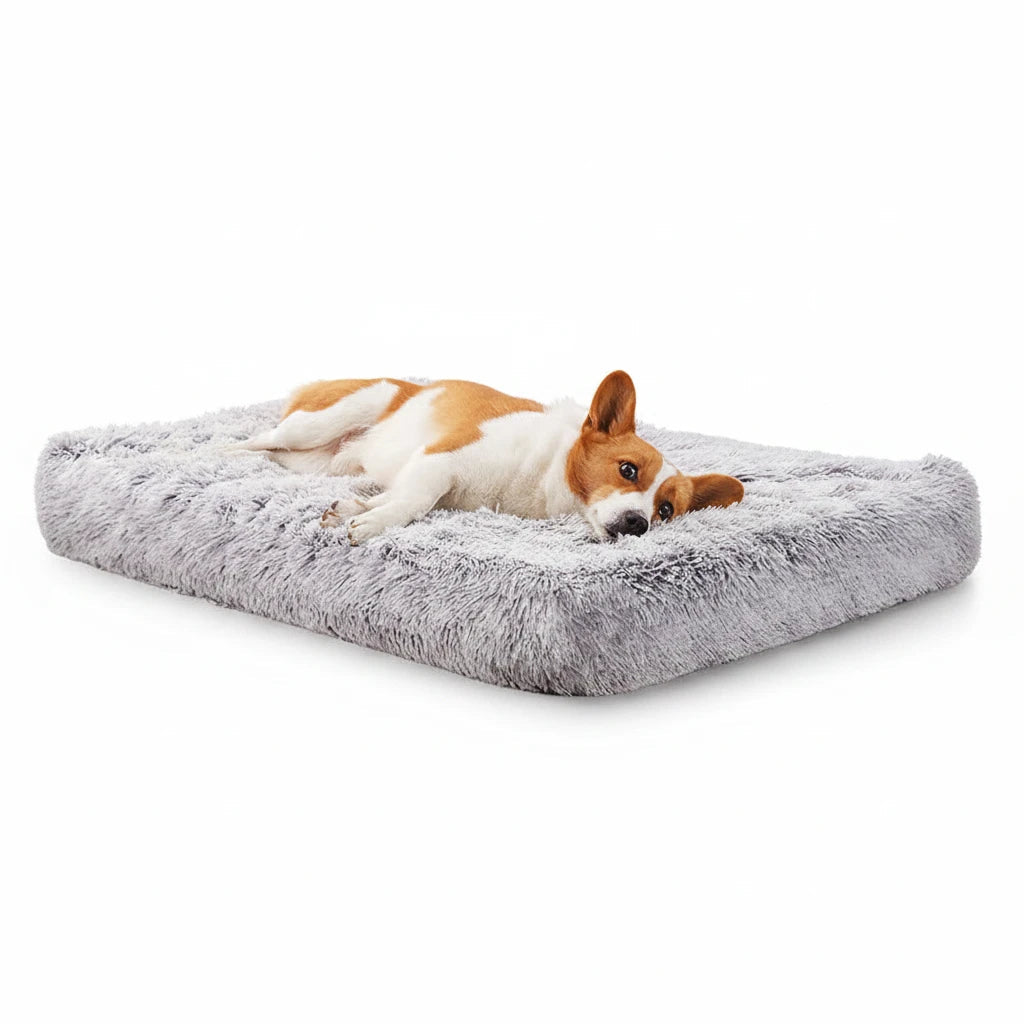 Kodi & Co. plush square dog bed in gray with memory foam for deep sleep, featuring a soft shaggy fabric surface