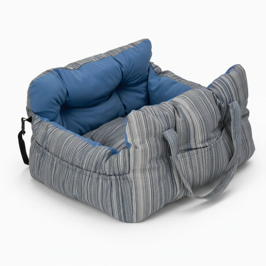 Kodi & Co. dog car booster seat in blue and grey striped fabric with a soft cushioned interior for pet comfort.