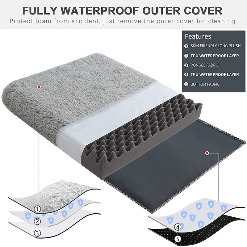 Kodi & Co. gray plush square dog bed with waterproof memory foam layers and removable cover for easy cleaning