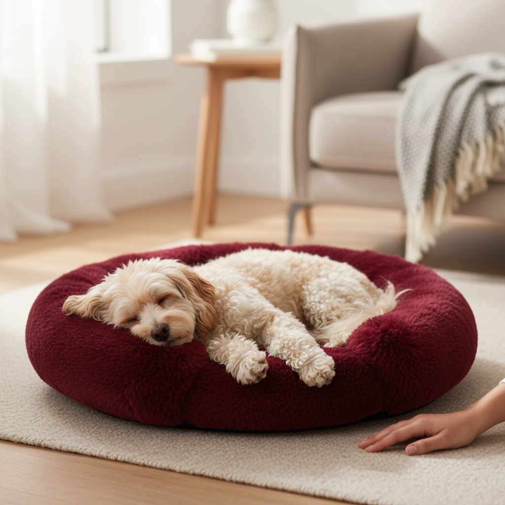 A small cream-colored dog sleeping soundly in a round wine red Kodi & Co. plush dog bed on a living room rug.